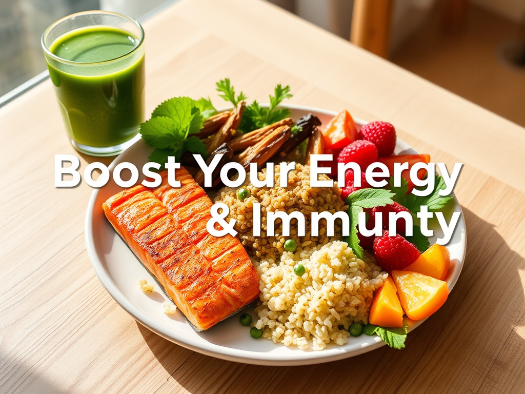 Create a realistic image of a vibrant, colorful plate filled with cancer-friendly foods including grilled salmon, quinoa, roasted vegetables, and a side of mixed berries, alongside a glass of green smoothie, all arranged on a light wooden table with natural sunlight streaming in, with the text "Boost Your Energy & Immunity" overlaid in a clean, modern font.