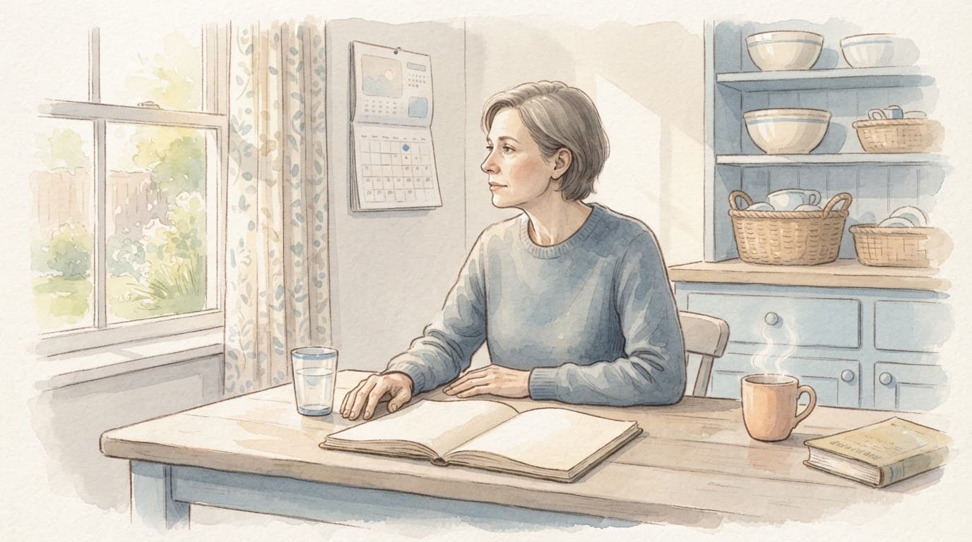 An adult patient prepares at a kitchen table with a blank notebook, water, and calendar.