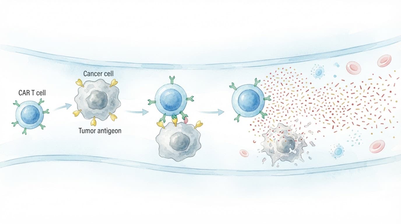 A CAR T cell attacks a cancer cell as immune signals move through the bloodstream.