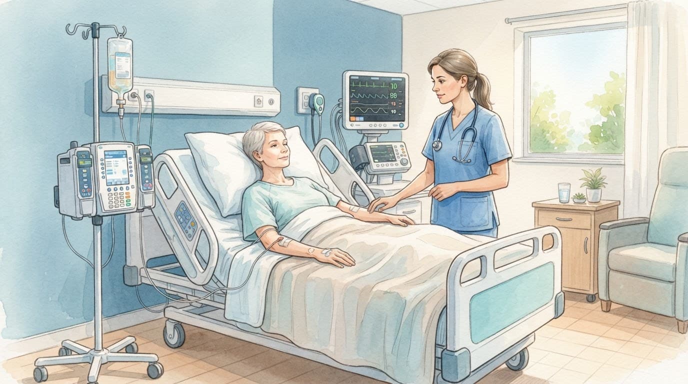 Clinician monitors a patient in bed beside an infusion pump and clinical screen.