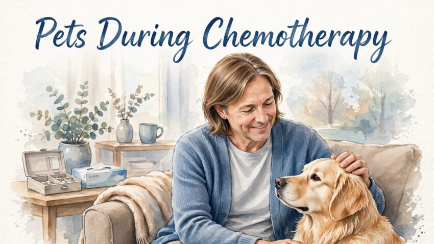 A cancer patient in a blue cardigan pets a golden retriever at home.