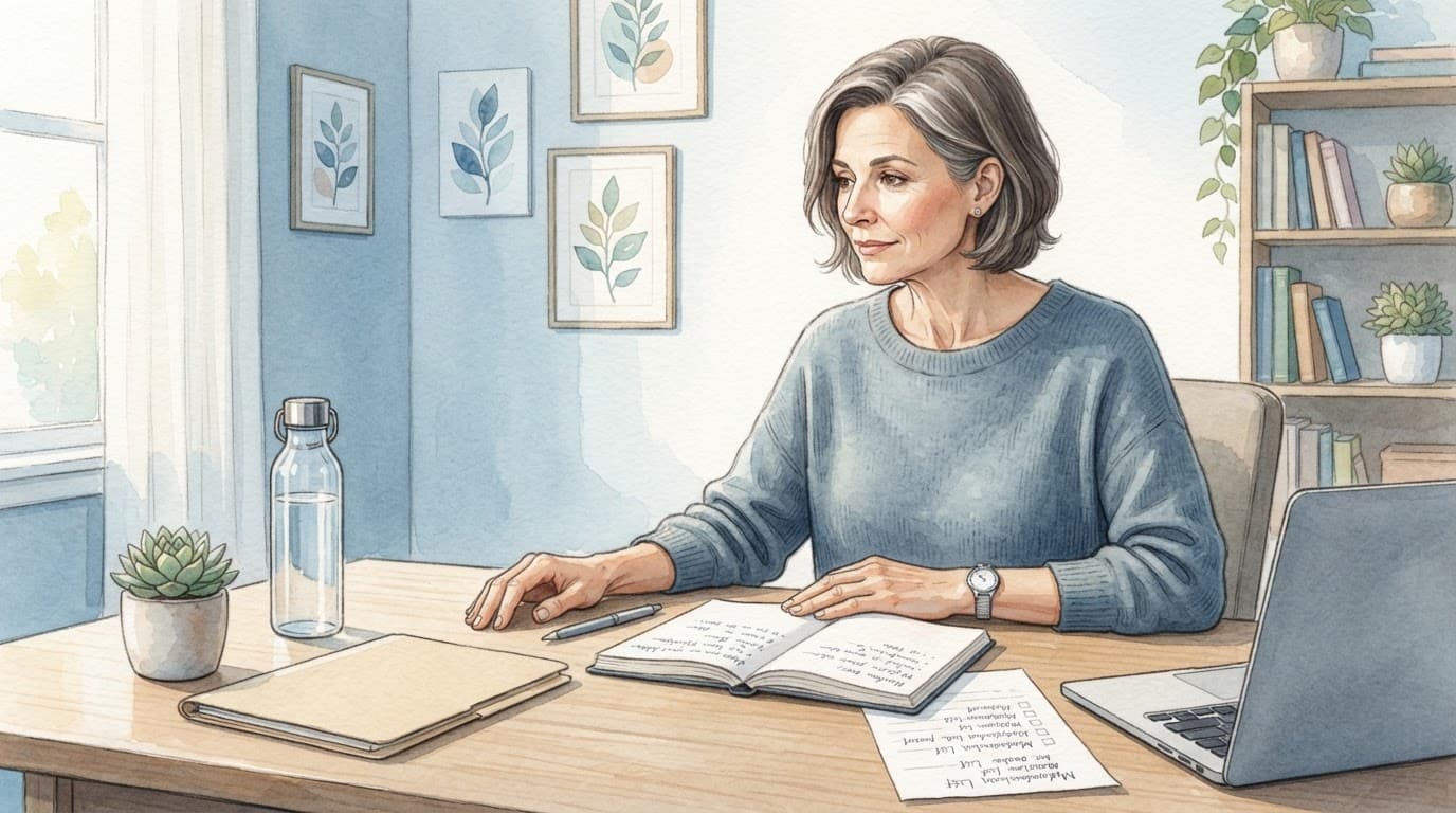 An adult patient sits at a desk with a notebook, medication list, folder, and water bottle.
