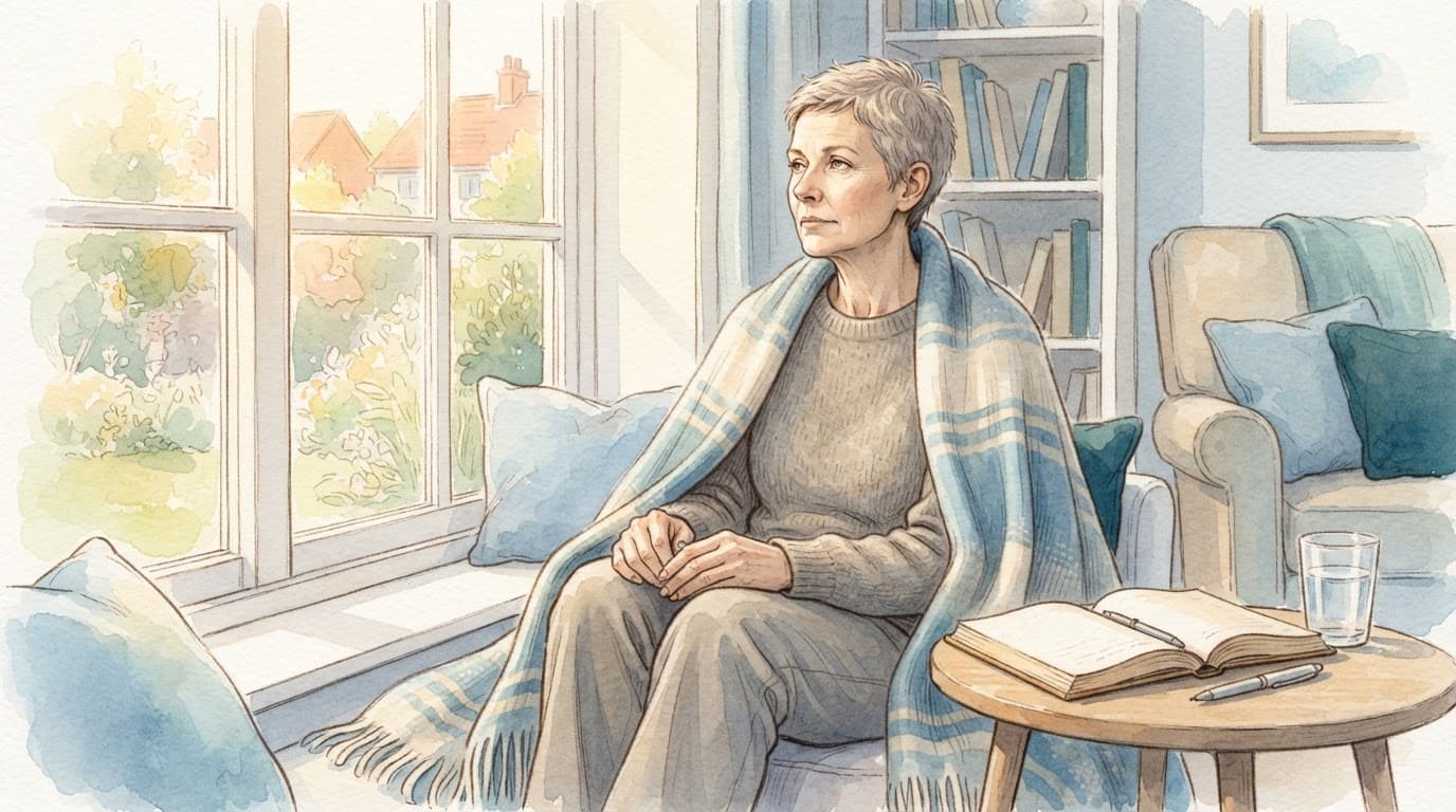 A seated patient reflects quietly beside a sunny window with a journal and water glass.