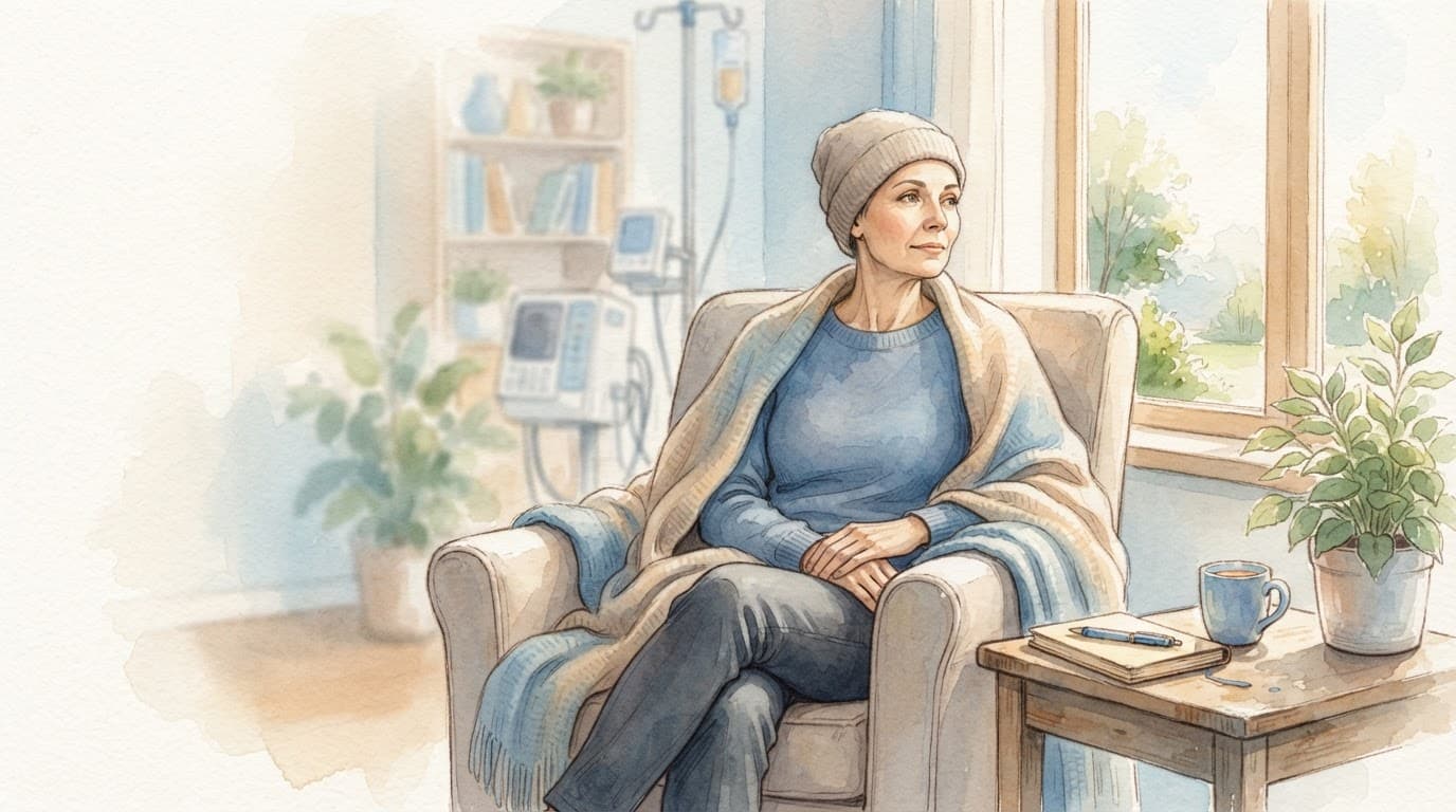 An adult sits by a sunny window with a notebook, plants, and a warm blanket.