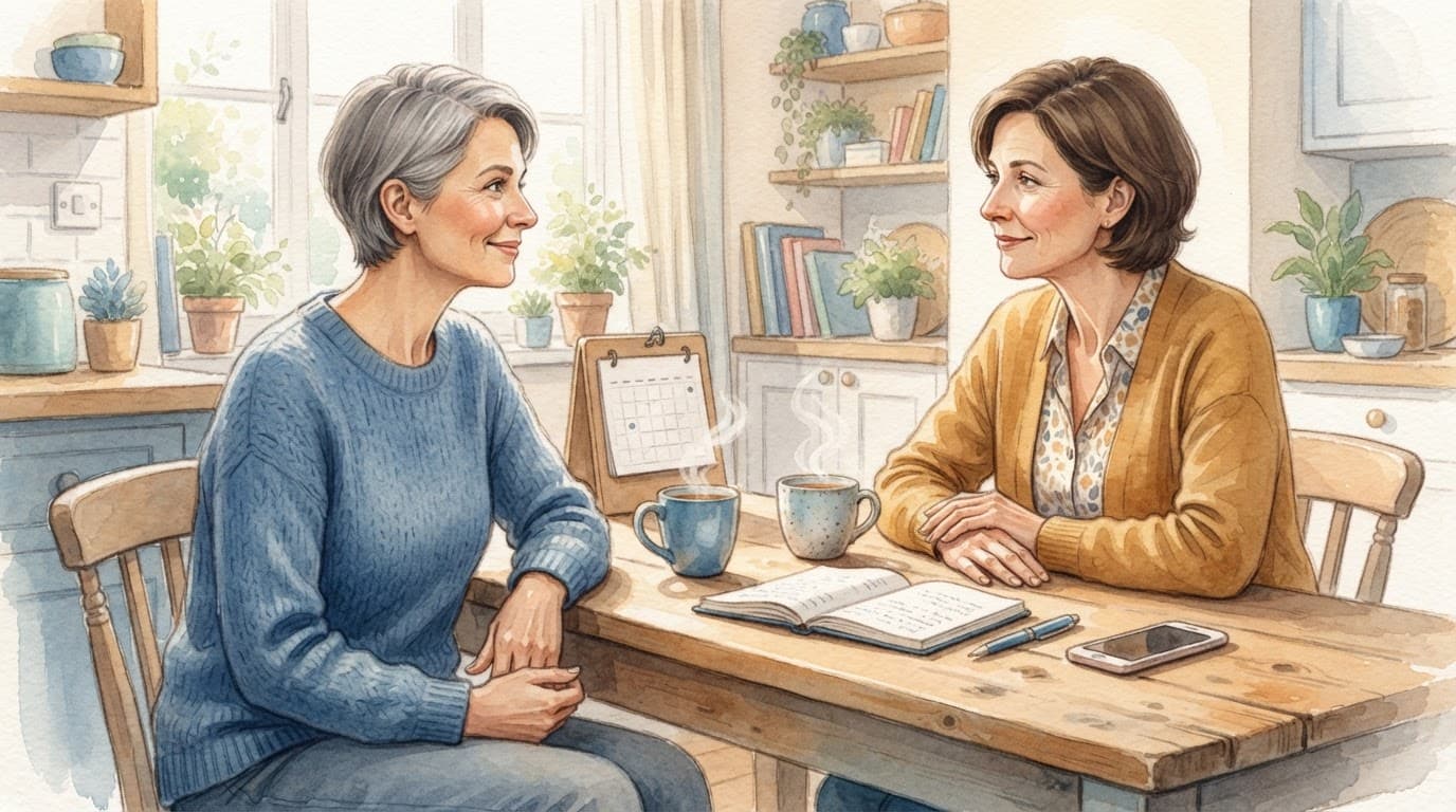 Two adults talk across a kitchen table with tea, a calendar, notebook, and phone.