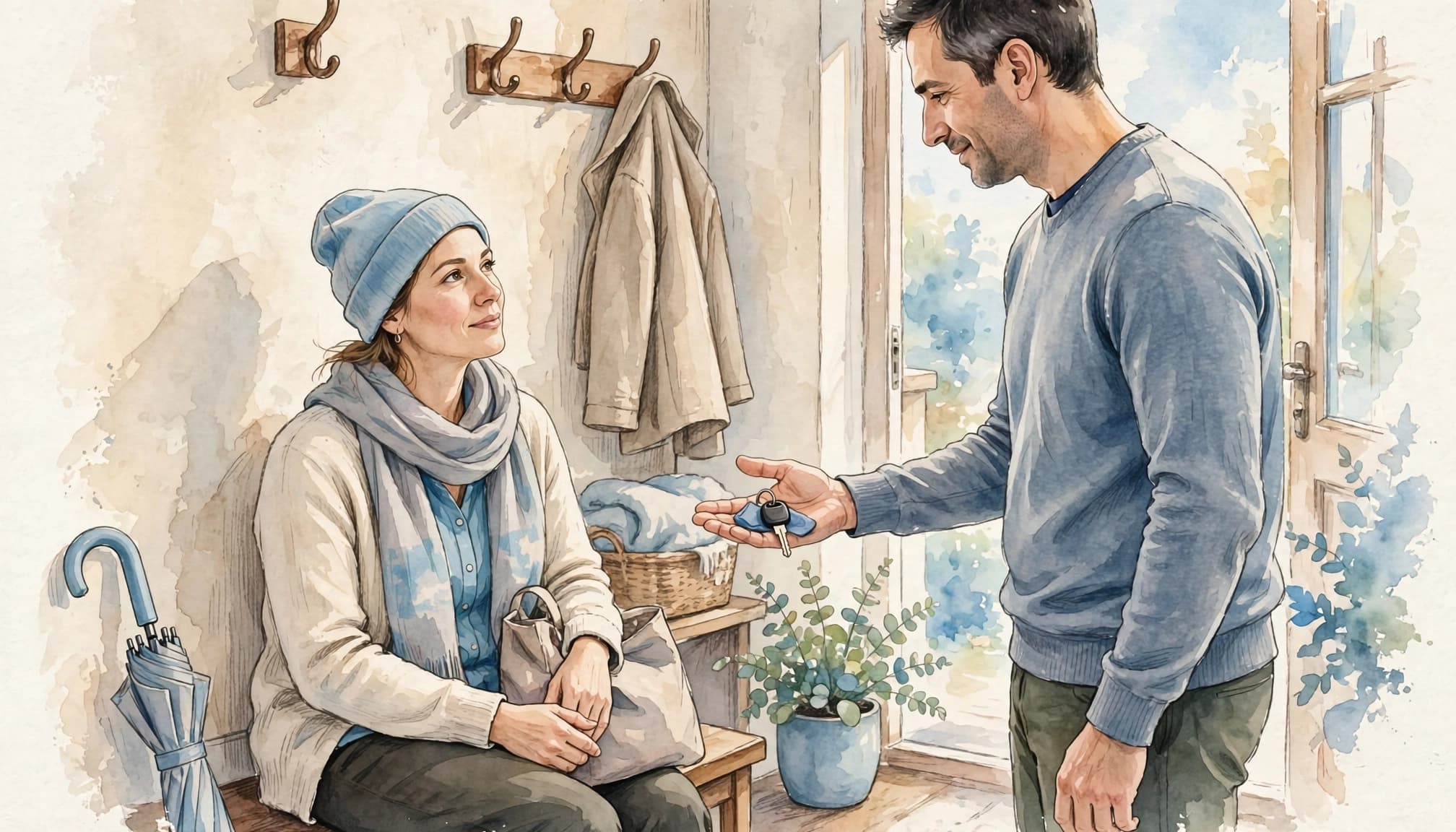 A family member offers car keys to a seated patient at home.