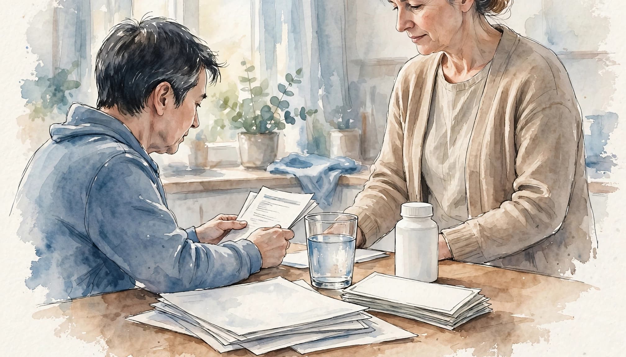 A patient and caregiver review blank medical papers at a kitchen table.