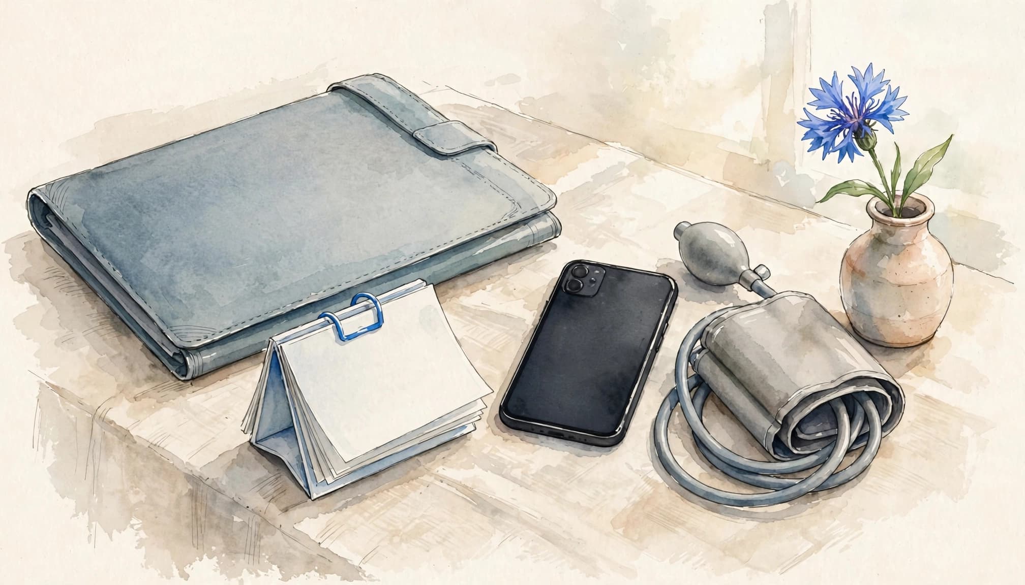 A folder, blank calendar, phone, and blood pressure cuff sit beside a blue flower.