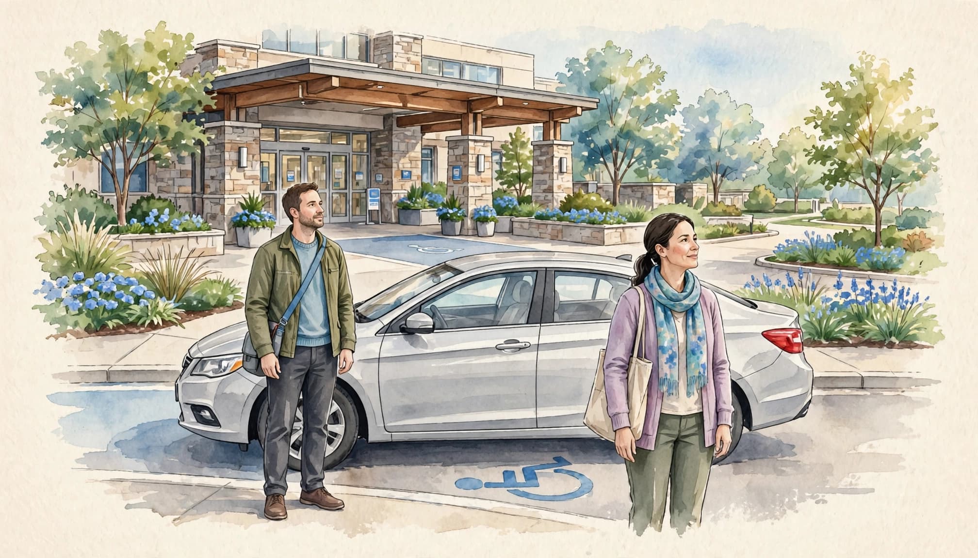 A driver and patient stand beside a car at a landscaped treatment center entrance.