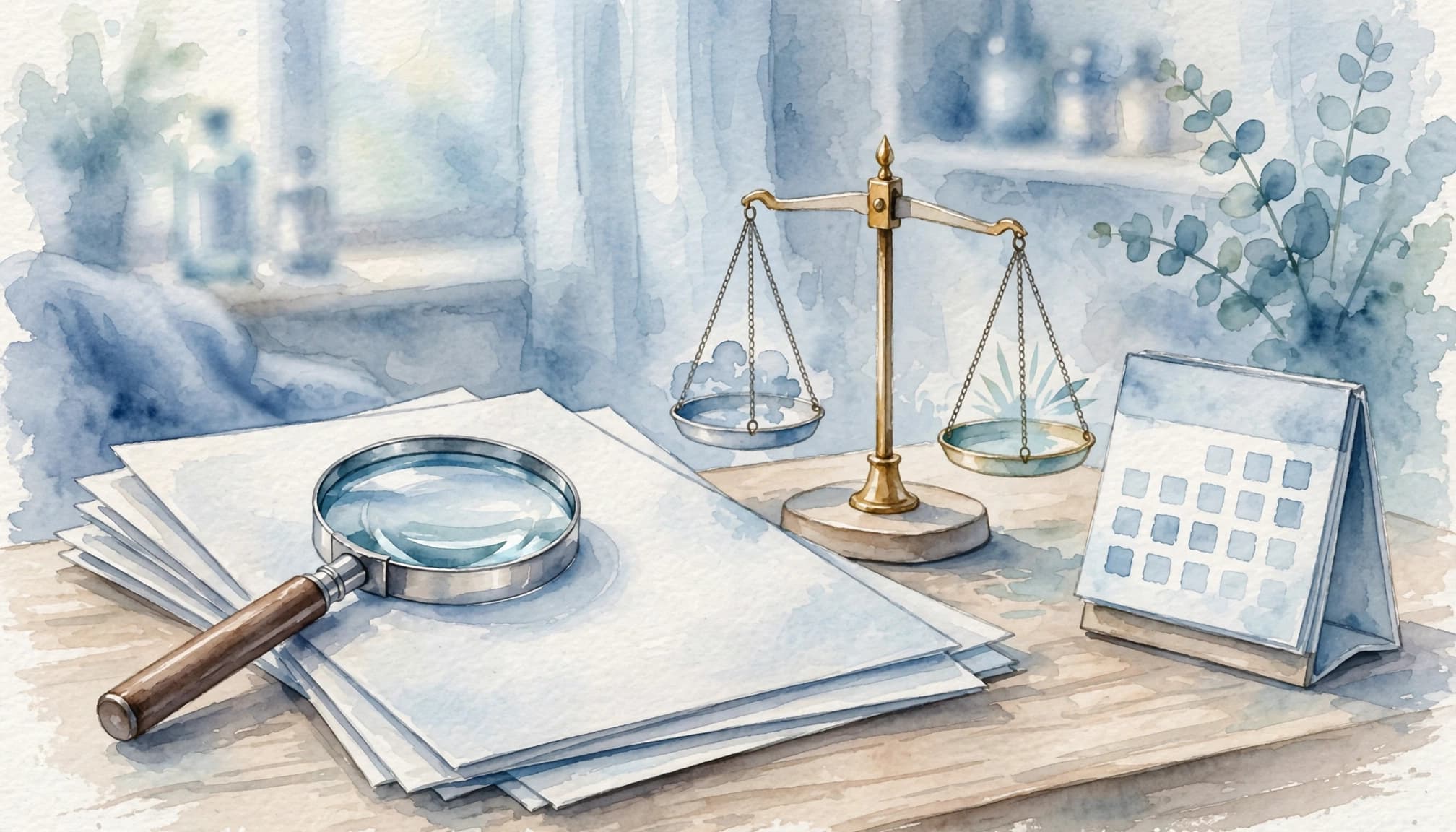 A magnifying glass, blank forms, balance scale, and calendar on a clinic table.