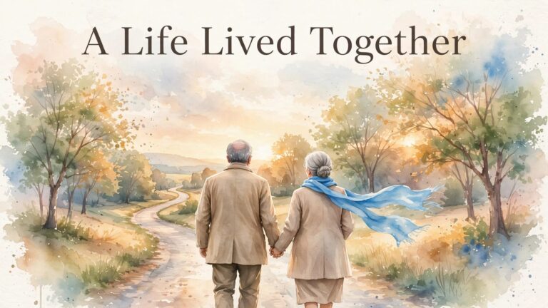 An elderly couple walks beneath trees, holding hands as a blue scarf flows in the breeze.
