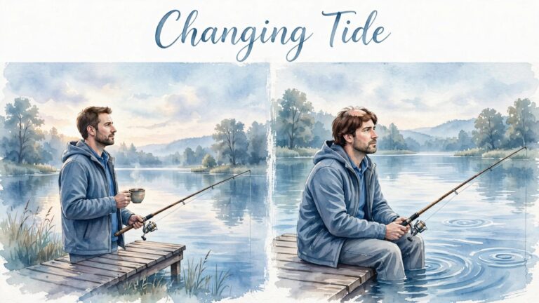 A man stands and sits by a lake at sunrise, holding a coffee cup and fishing rod.