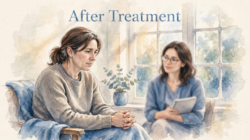 Cancer survivor sitting by a sunny window with a therapist nearby.