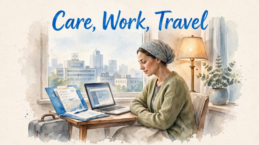 Cancer patient reviewing appointments beside luggage in a warm apartment.