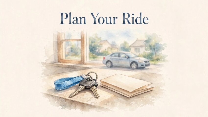 Car keys and a folded appointment card sit on a sunny counter near a window.