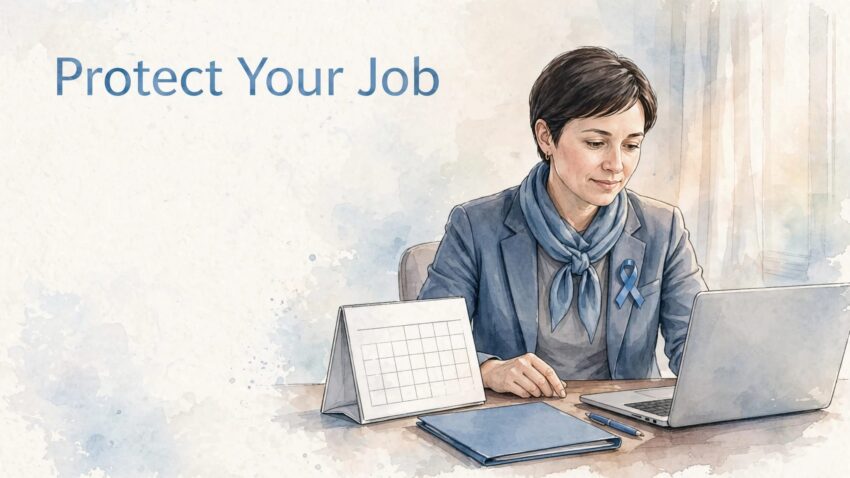 A cancer patient reviews a work calendar beside medical papers and a laptop at home.