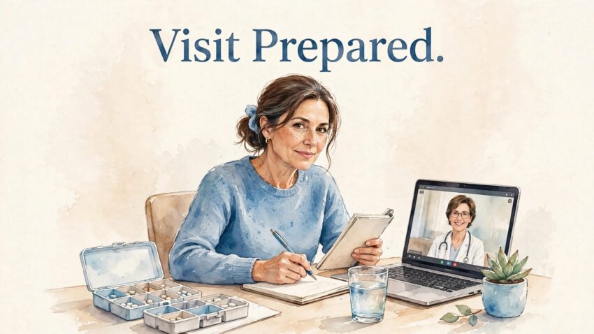 A woman prepares for an oncology video visit with notes, medicine, and a laptop.