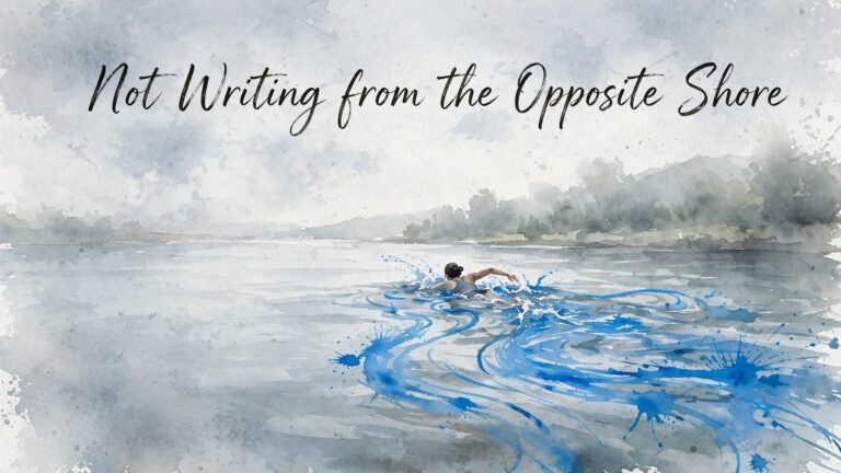 A lone swimmer crosses a wide blue river toward a blurred distant shore.