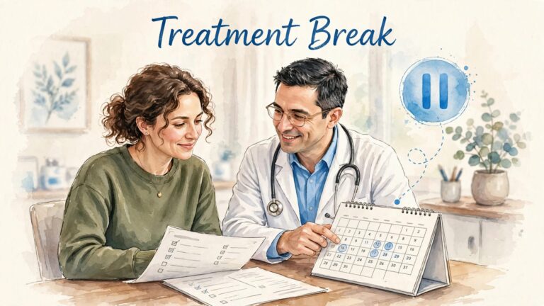 A patient and oncologist review a care plan and calendar in a bright room.