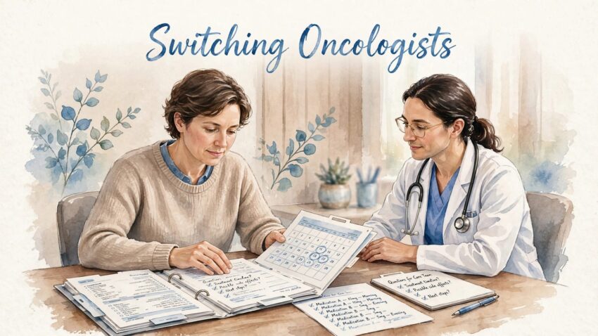 Patient reviewing treatment papers with an oncologist at a clinic desk.