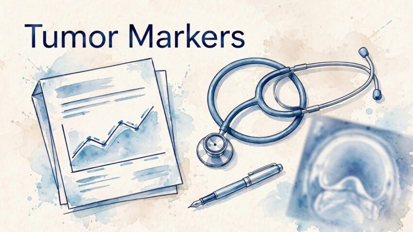 Watercolor workspace with a tumor marker report, stethoscope, pen, and blurred scan.