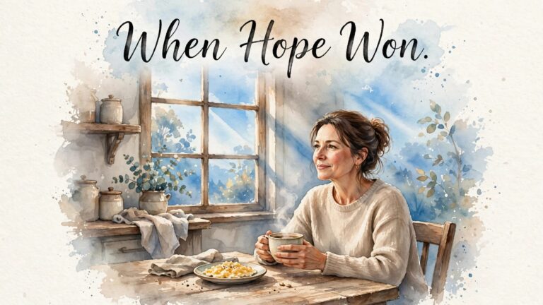 Woman holding coffee at a kitchen table in soft dawn light.