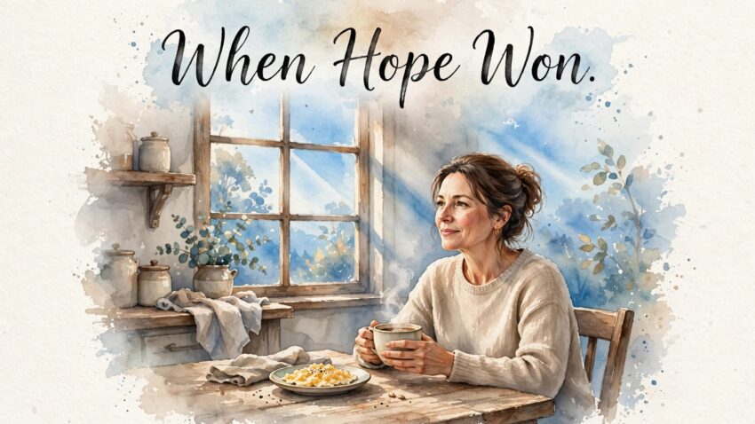Woman holding coffee at a kitchen table in soft dawn light.