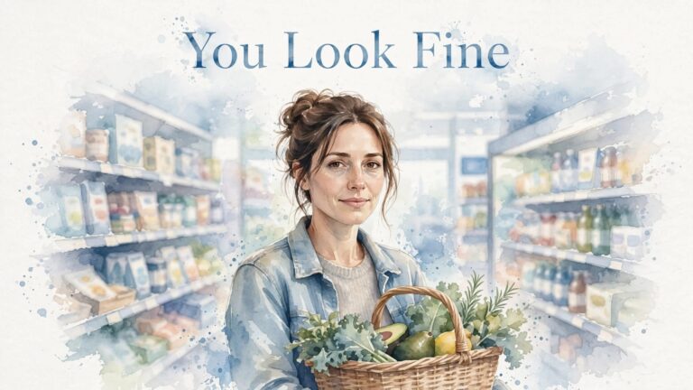Watercolor woman holding a basket in a bright grocery aisle with a tired smile.