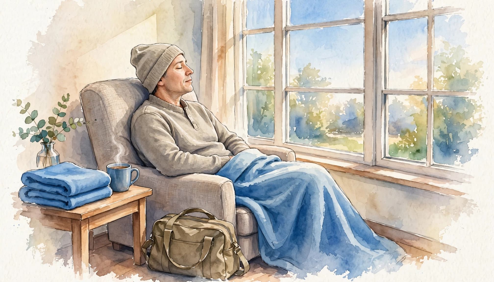 An adult rests by a guest room window with an overnight bag and folded blanket.