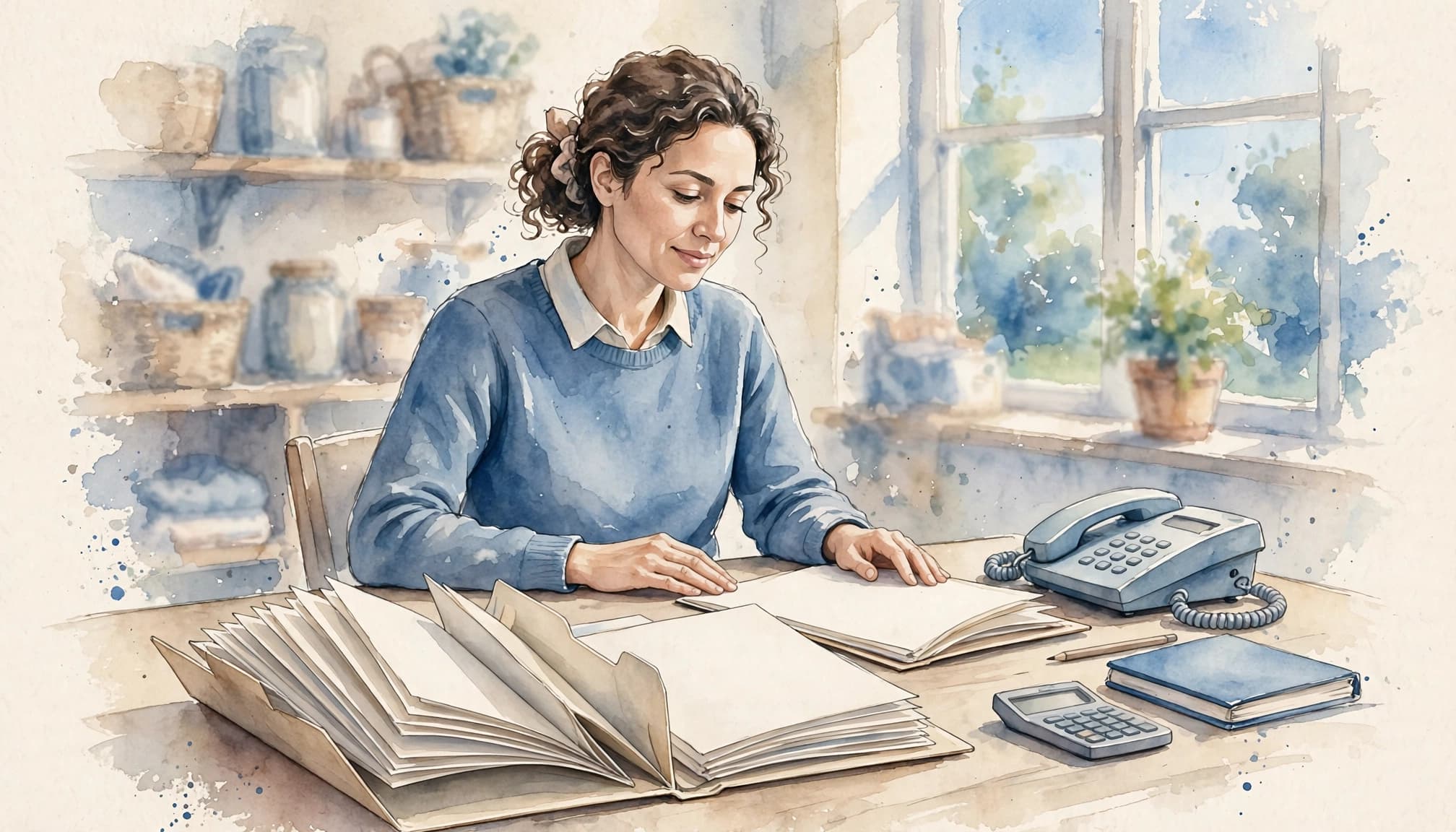 A patient advocate sorts a folder of blank papers beside a phone, calculator, and notebook.