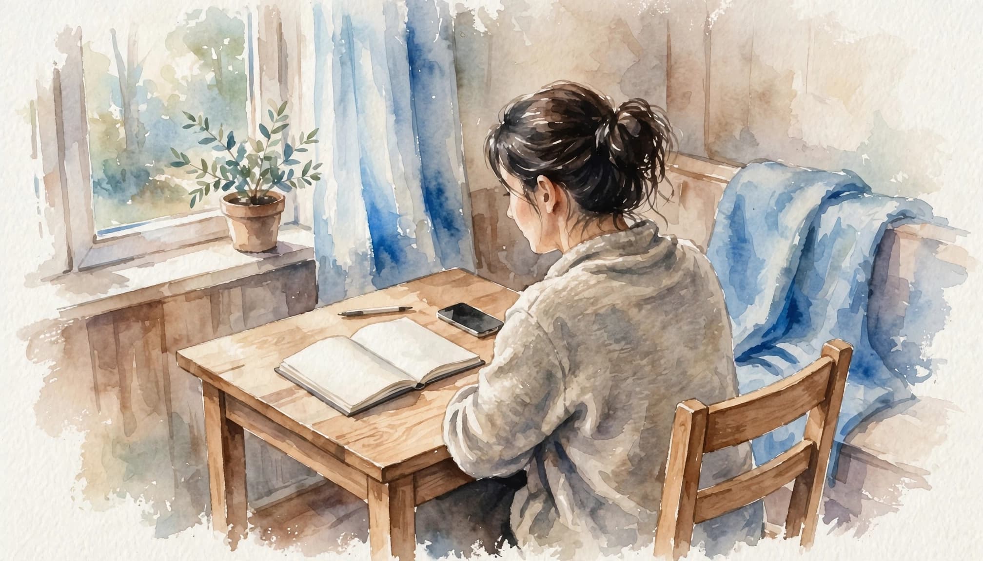A person sits at a kitchen table beside a notebook and phone, with an empty chair and plant behind them.