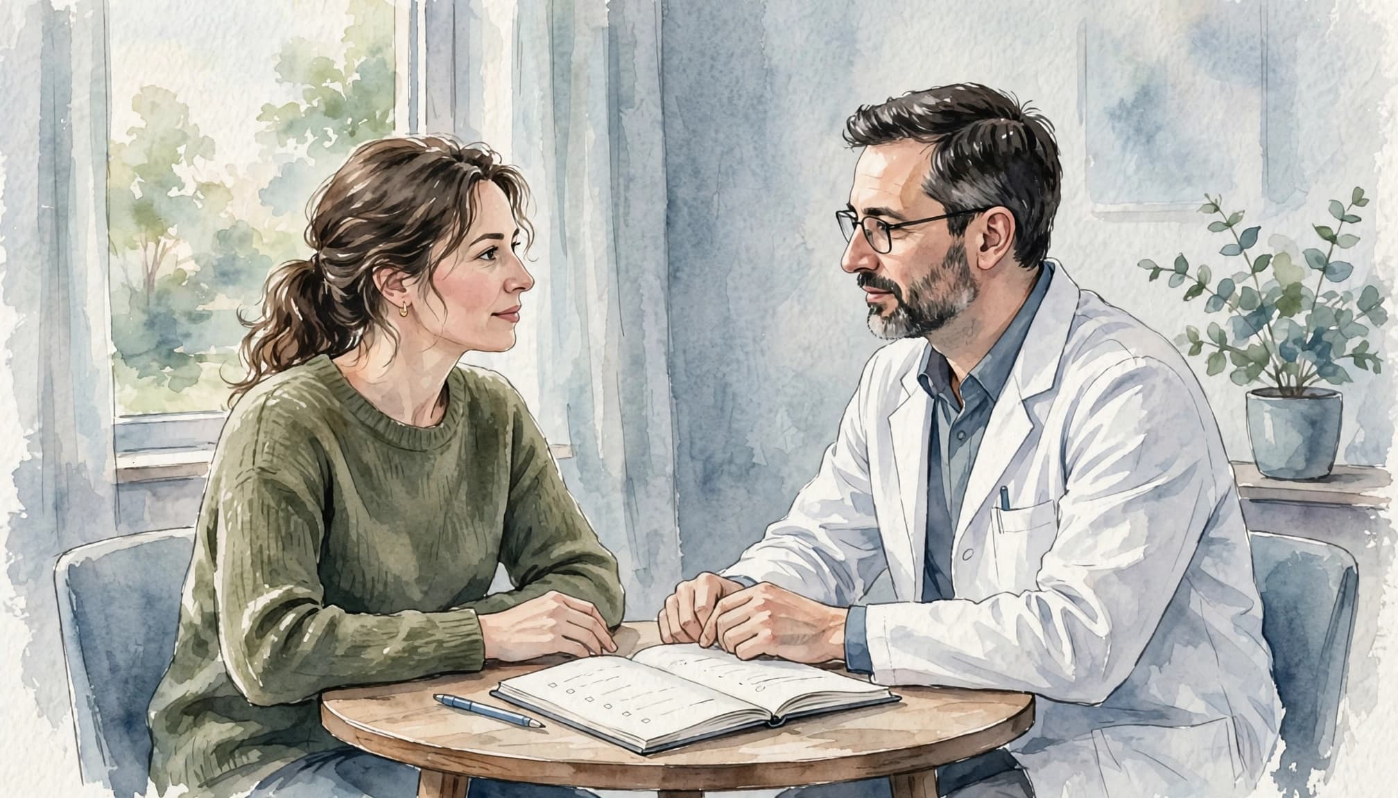 A patient and oncologist discuss questions across a small table.