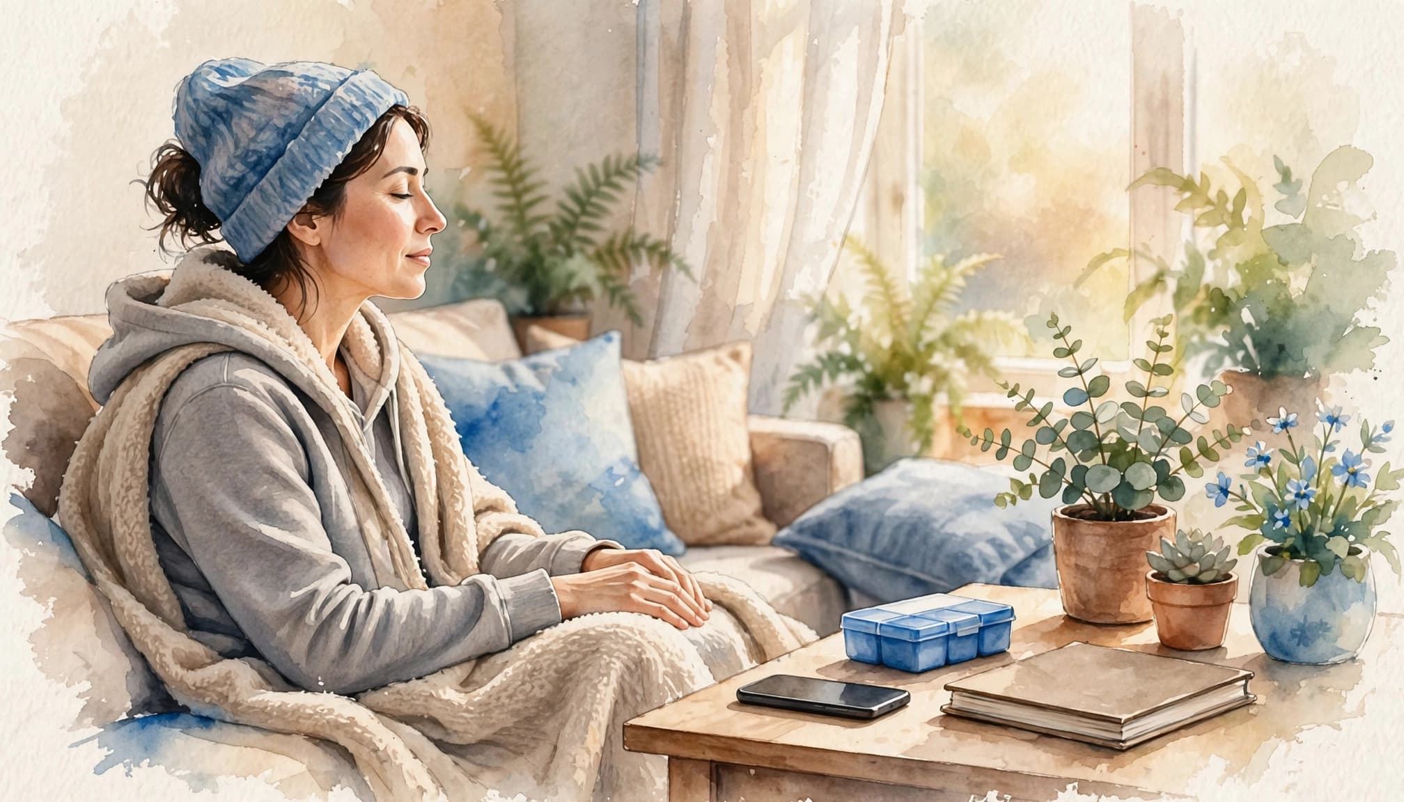 A patient rests in a sunny living room with a phone and notebook nearby.