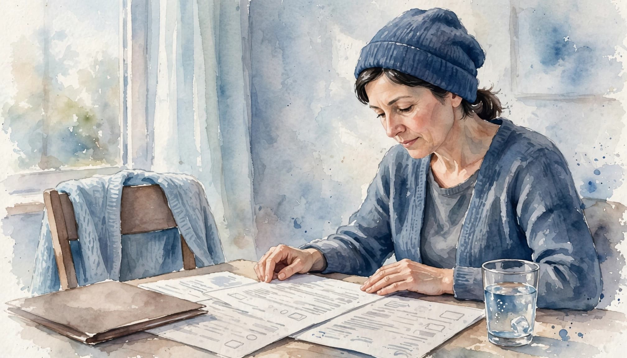 A patient reviews a consent document at a hospital table beside an empty chair.