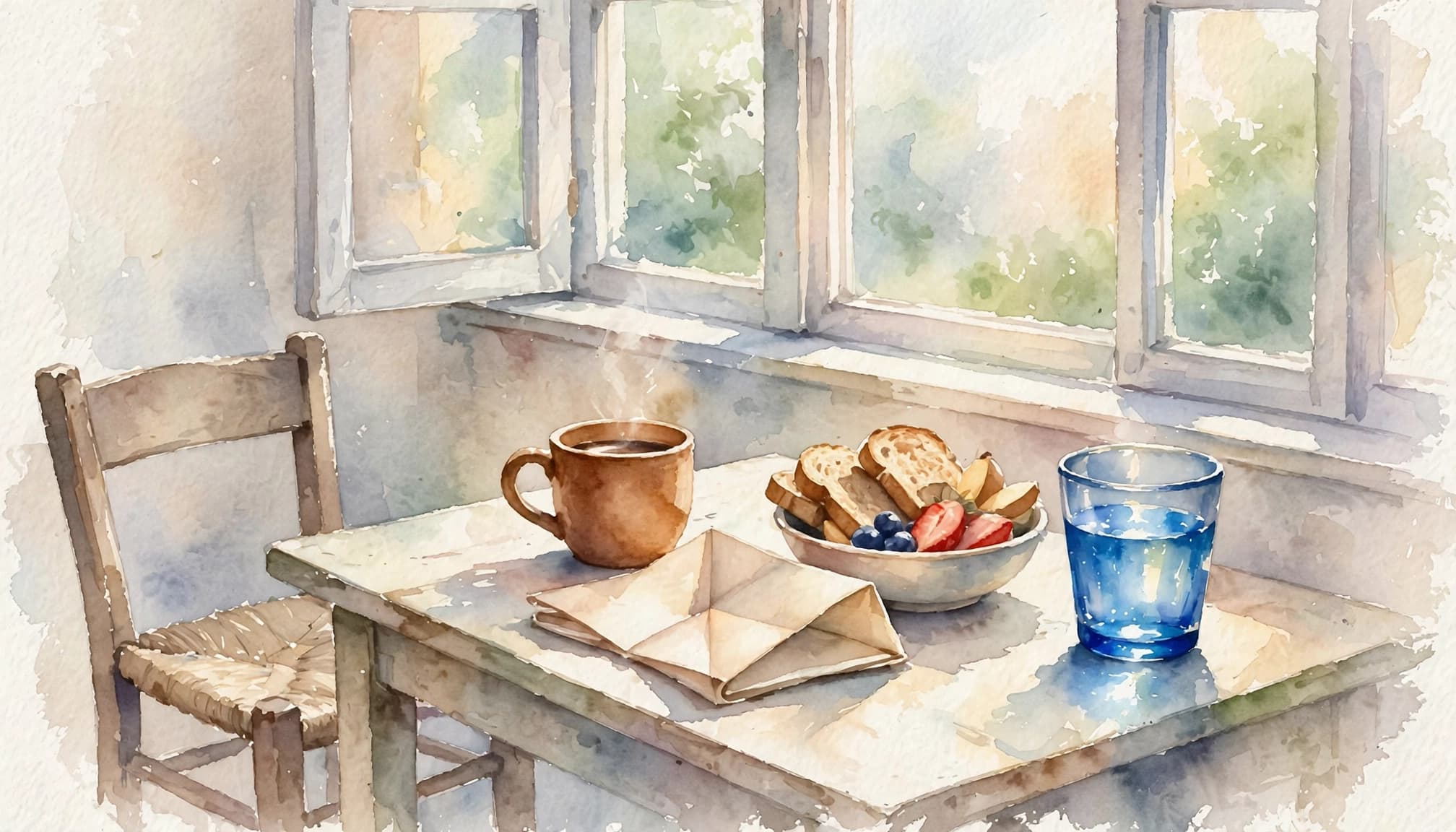 A breakfast table with coffee, toast, fruit, and a blue glass by a kitchen window.