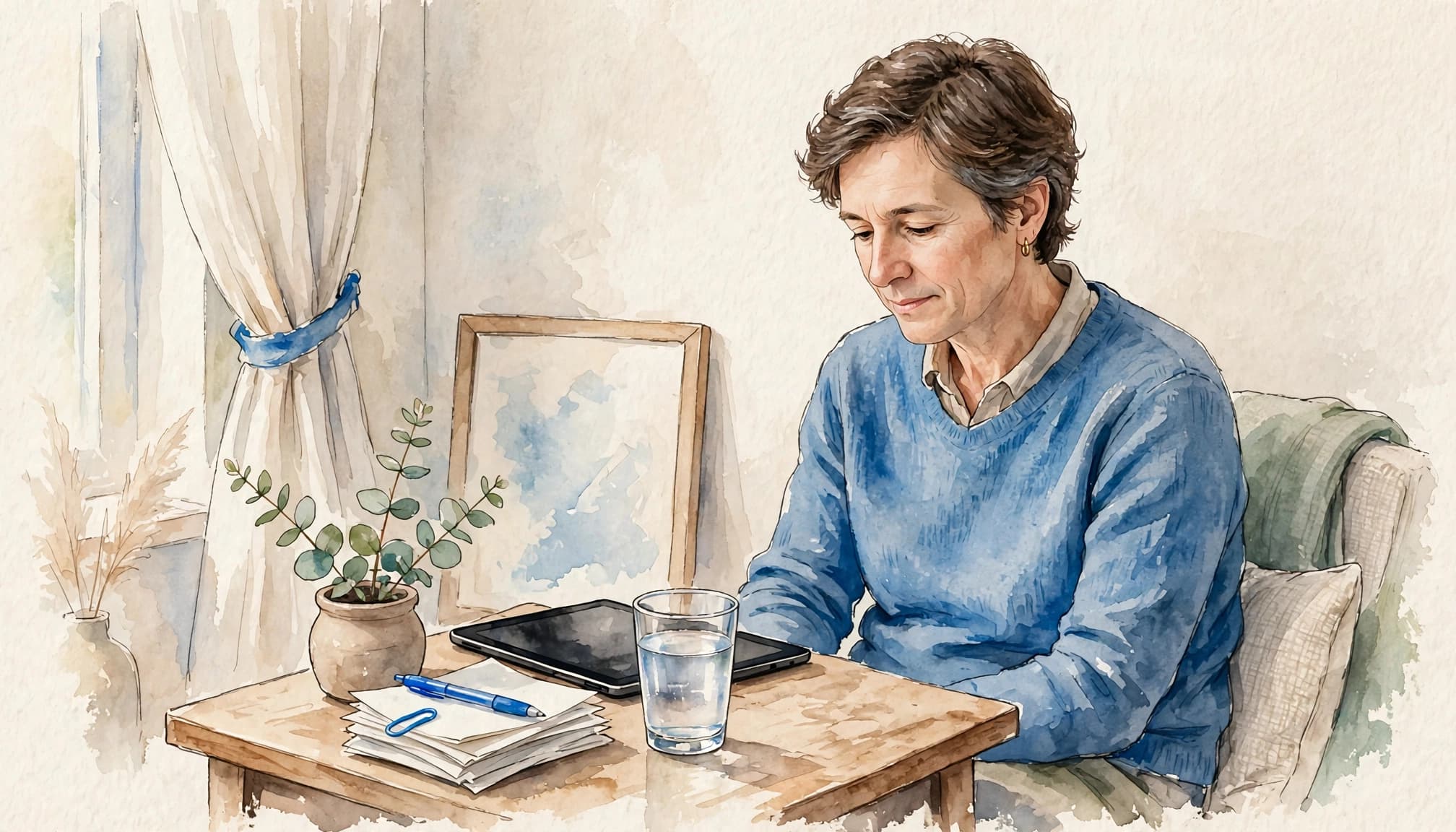 An adult sits beside a tablet, water, and appointment notes in a bright home corner.