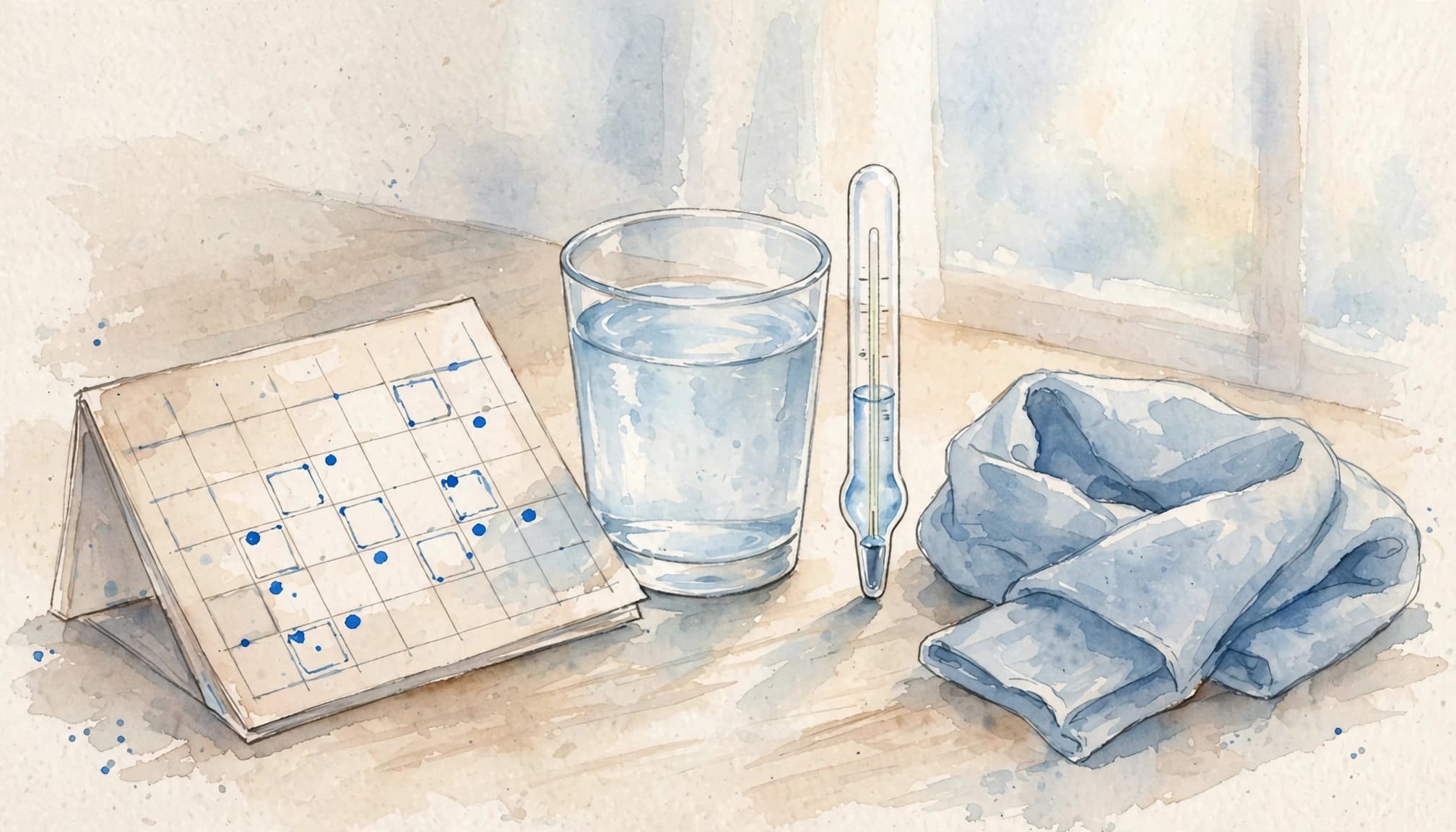 Watercolor calendar beside water, a thermometer, and a folded scarf.