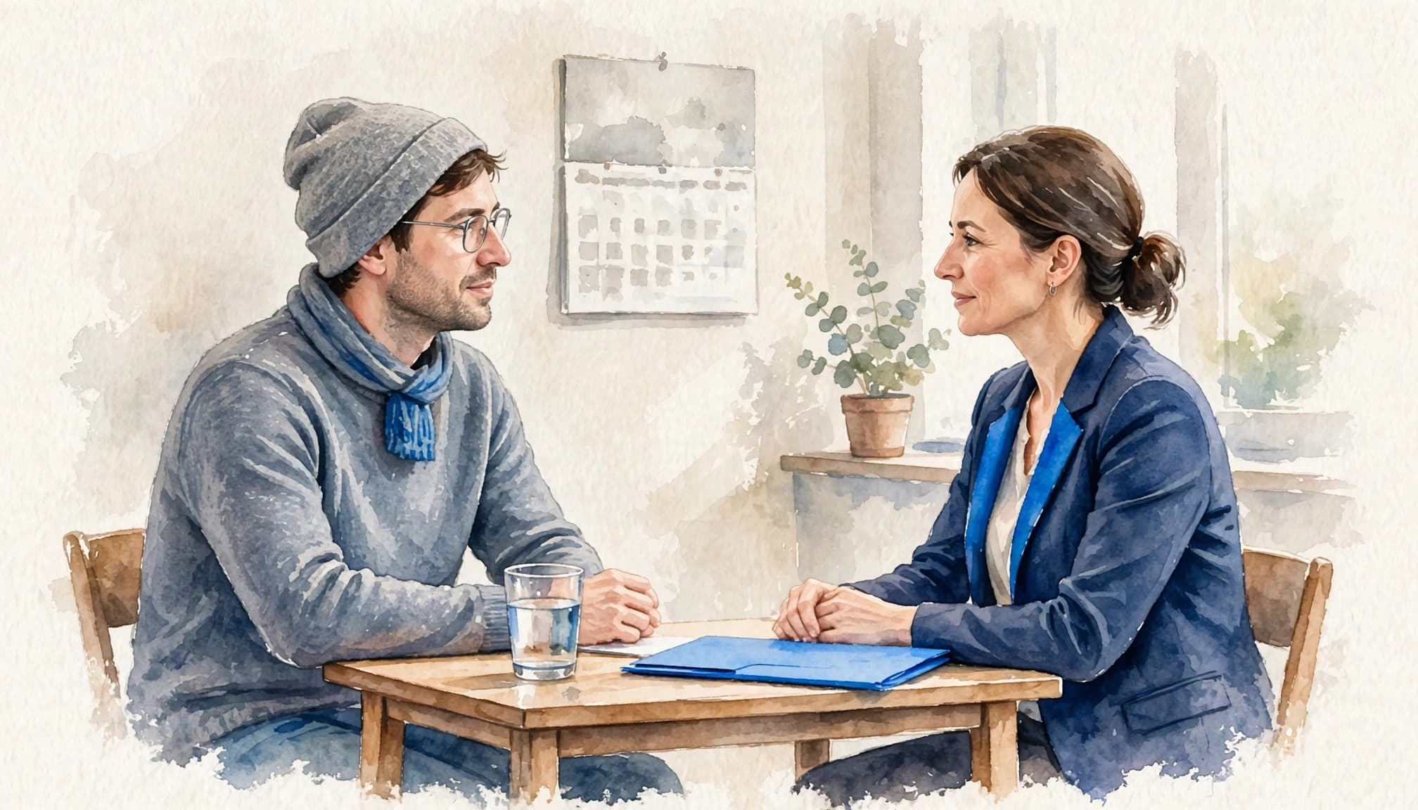 Two adults discuss workplace support across a small table in a bright office.