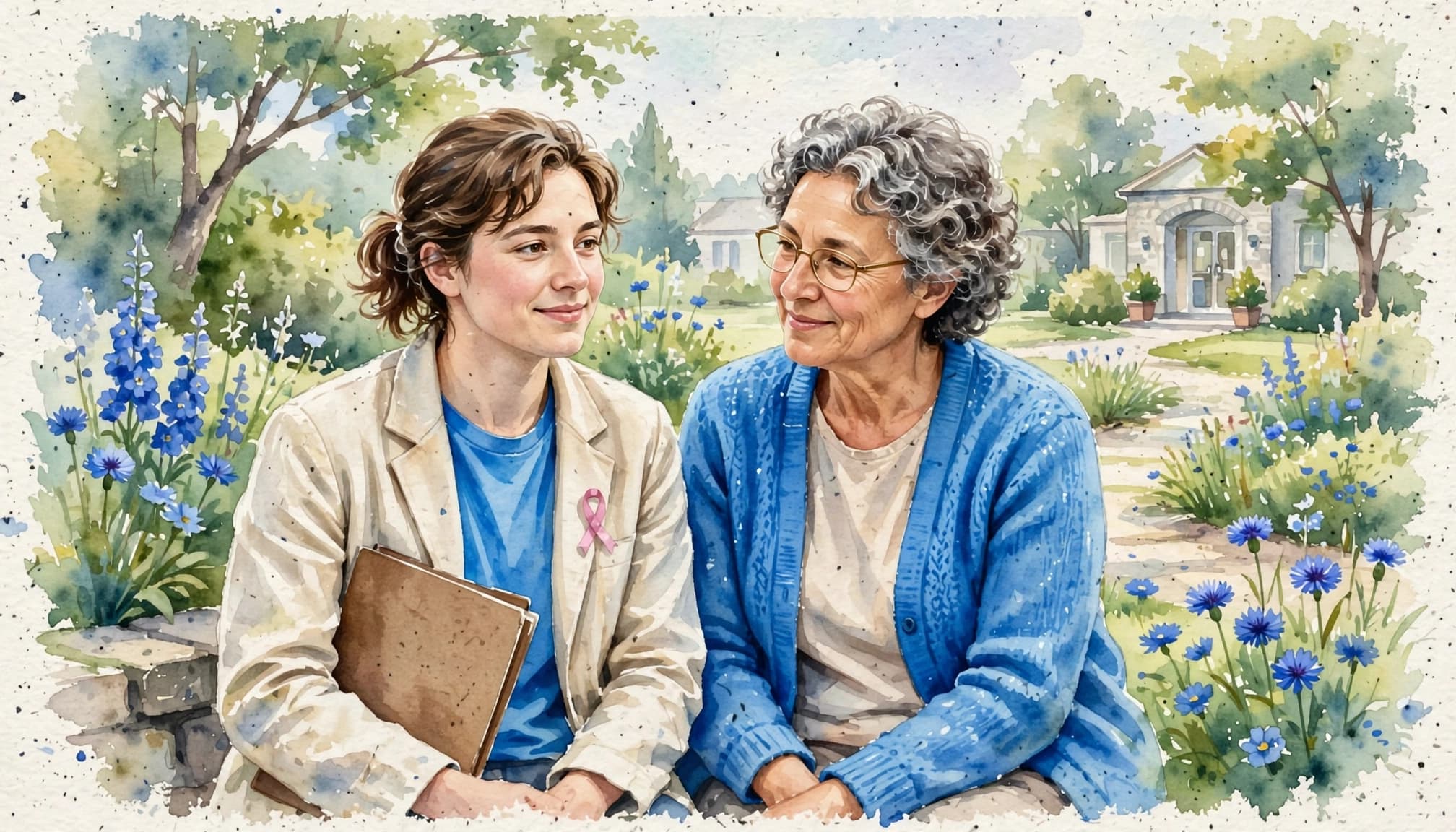 A watercolor painting of a young adult and an older woman sitting together in a sunny garden.