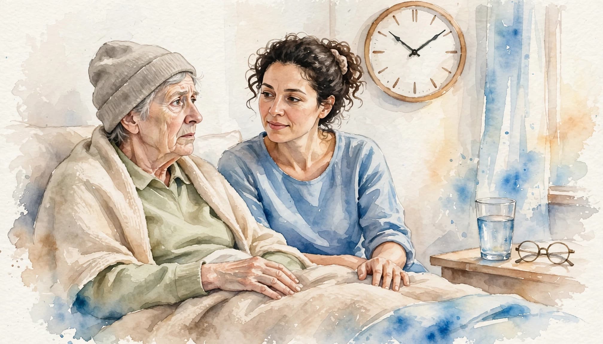A caregiver sits calmly beside a confused older adult in a softly lit bedroom.