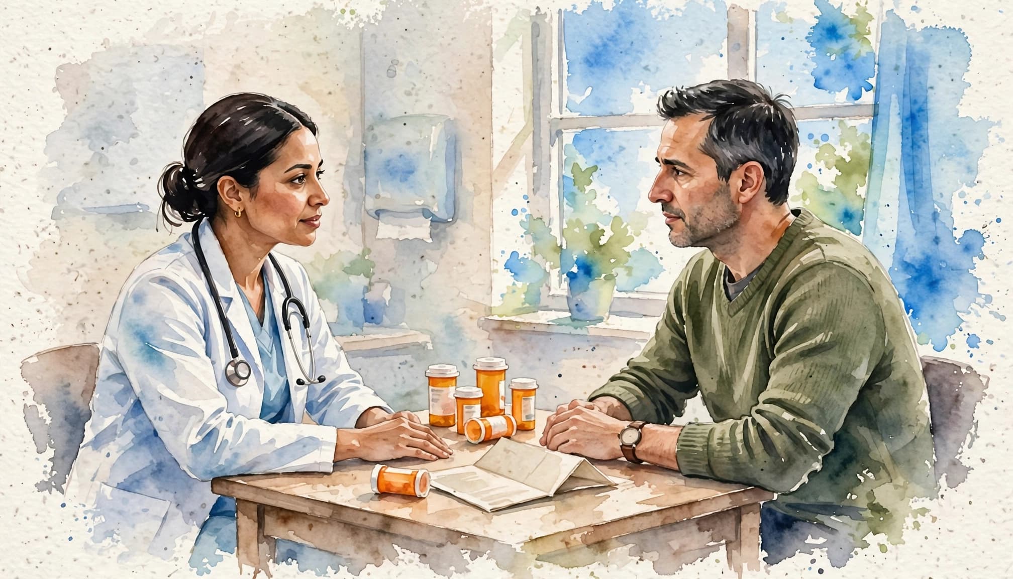 A clinician and caregiver review a chart and pill containers at a small table.