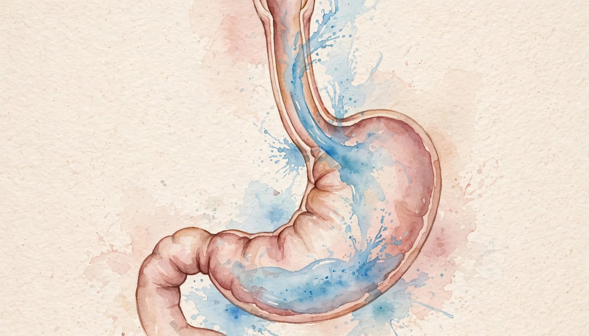 A watercolor illustration of the upper digestive system showing an esophagus and stomach with blue fluid.