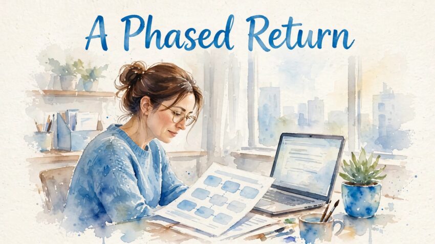A woman reviews a work schedule beside her laptop and a small plant.