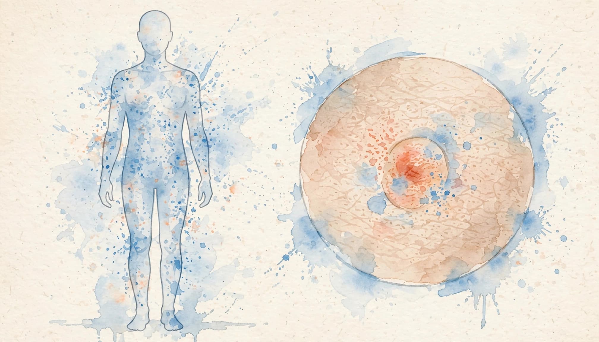 A watercolor illustration of a human silhouette with blue splashes alongside a magnified skin patch.