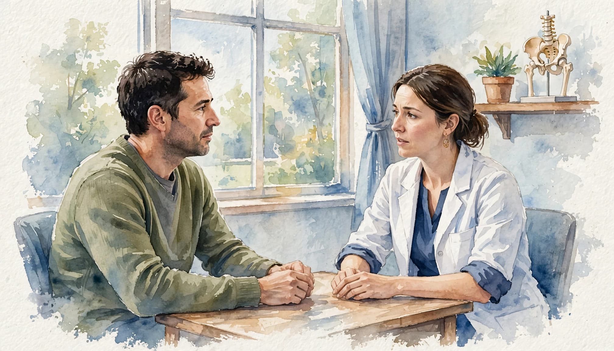 A patient and oncology clinician talk across a table in a bright clinic.