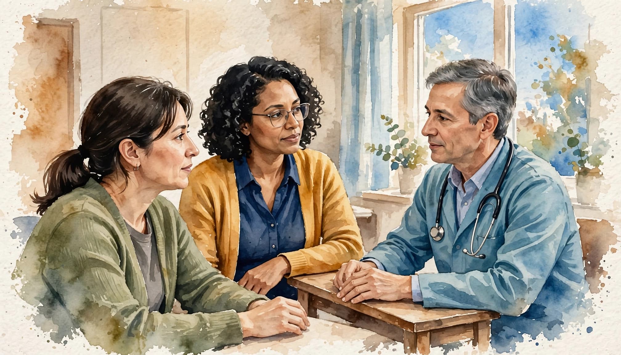 A patient, interpreter, and oncologist meet around a small table in a softly painted clinic.