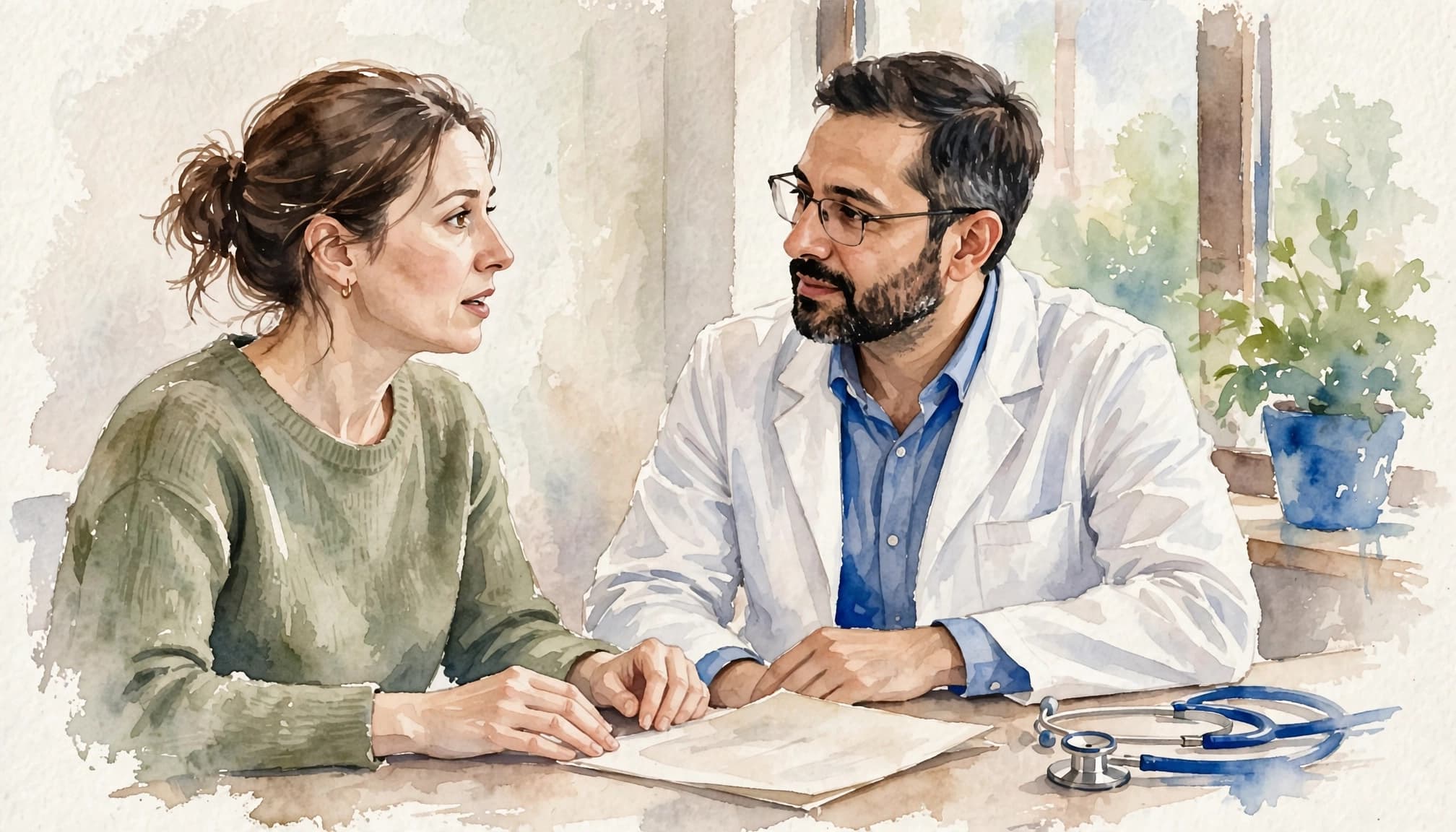 A patient and doctor discuss a paper care summary in a bright clinic room.