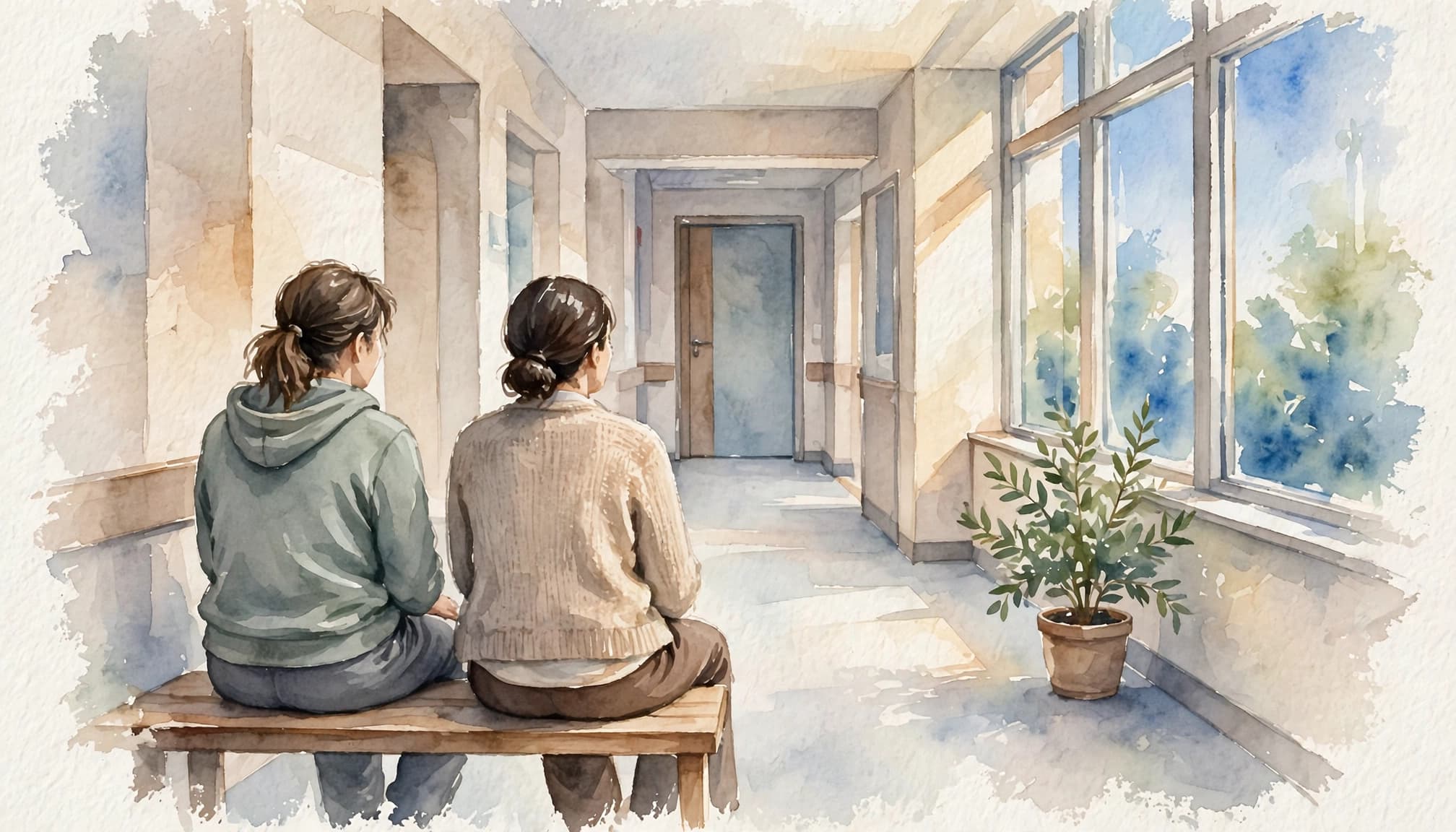 A patient and companion wait in a bright, quiet imaging corridor.