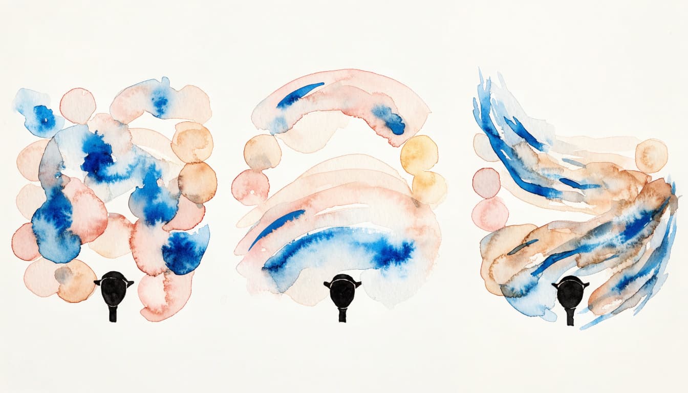 A watercolor triptych showing three abstract panels with womb silhouettes and blue and peach washes.