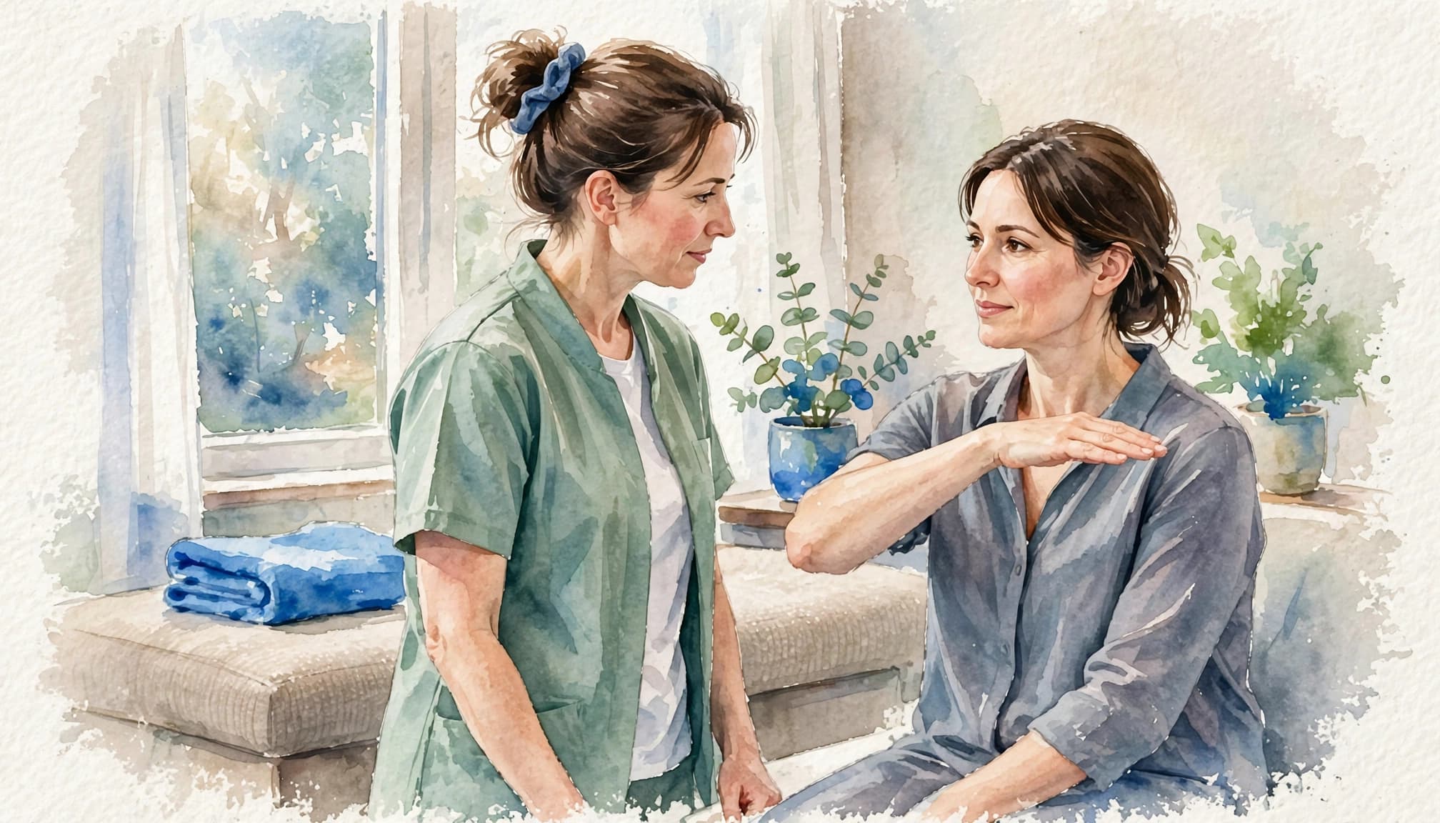 A therapist guides a seated patient through a gentle shoulder movement.